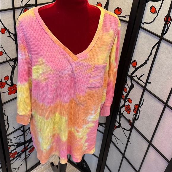 #26. 🪷Waffle knit Tie-Dye Shirt - Pink, Orange, Yellow 2x - Picture 8 of 9